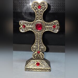 Metal Cross w Gold-tone Finish & Ruby Red Stones Valentine's Day
